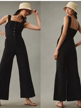 Maeve Anthropologie The Colette Black Square-Neck Wide-Leg Jumpsuit, Button, 2